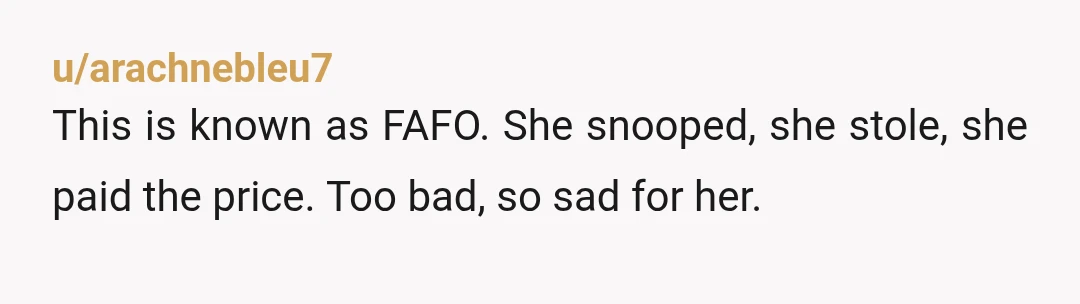 u/arachnebleu7
This is known as FAFO. She snooped, she stole, she paid the price. Too bad, so sad for her.