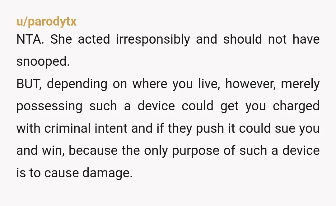 u/parodytx NTA. She acted irresponsibly and should not have snooped. BUT, depending on where you live, however, merely possessing such a device could get you charged with criminal intent and...