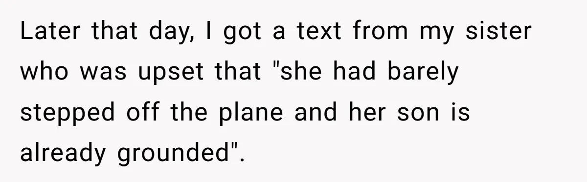 Later that day, I got a text from my sister who was upset that "she had barely stepped off the plane and her son is already grounded".