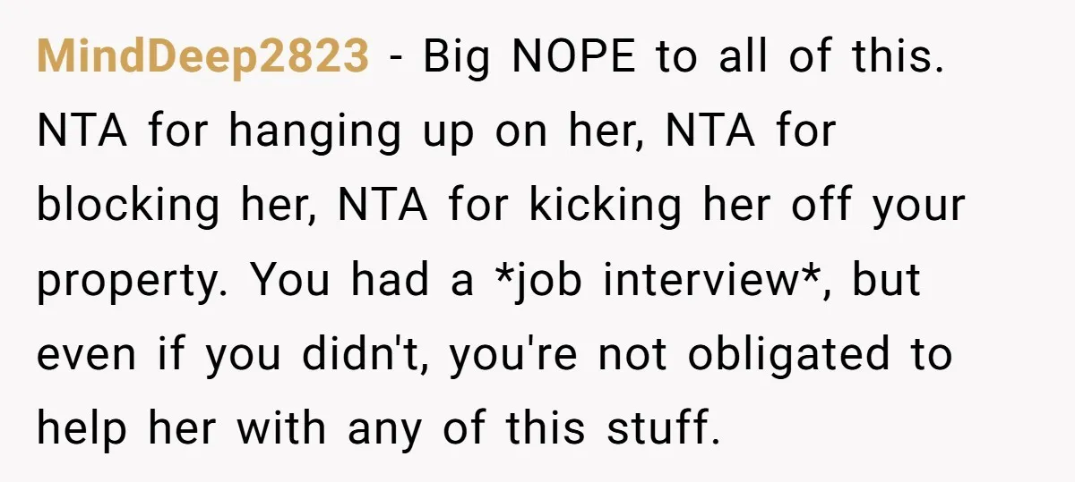 MindDeep2823 − Big NOPE to all of this. NTA for hanging up on her, NTA for blocking her, NTA for kicking her off your property. You had a *job interview*,...