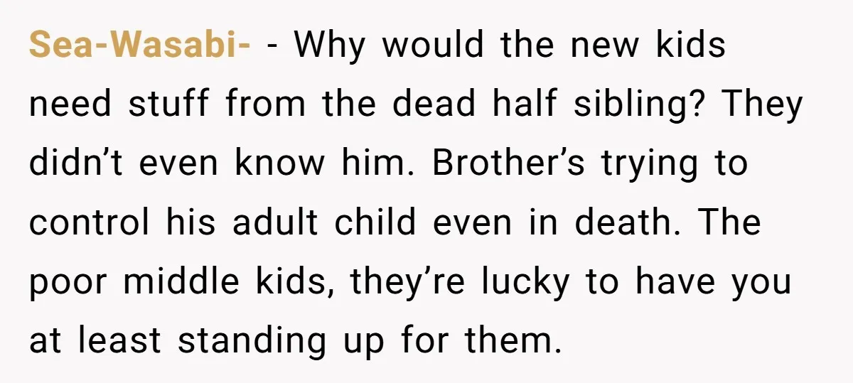 Sea-Wasabi- − Why would the new kids need stuff from the dead half sibling? They didn’t even know him. Brother’s trying to control his adult child even in death. The...