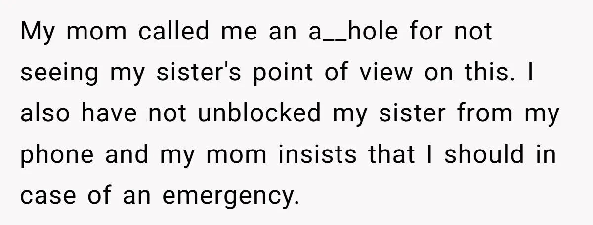 My mom called me an a__hole for not seeing my sister's point of view on this. I also have not unblocked my sister from my phone and my mom insists...