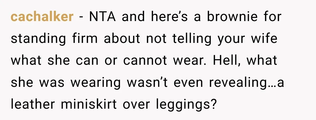 cachalker − NTA and here’s a brownie for standing firm about not telling your wife what she can or cannot wear. Hell, what she was wearing wasn’t even revealing…a leather...