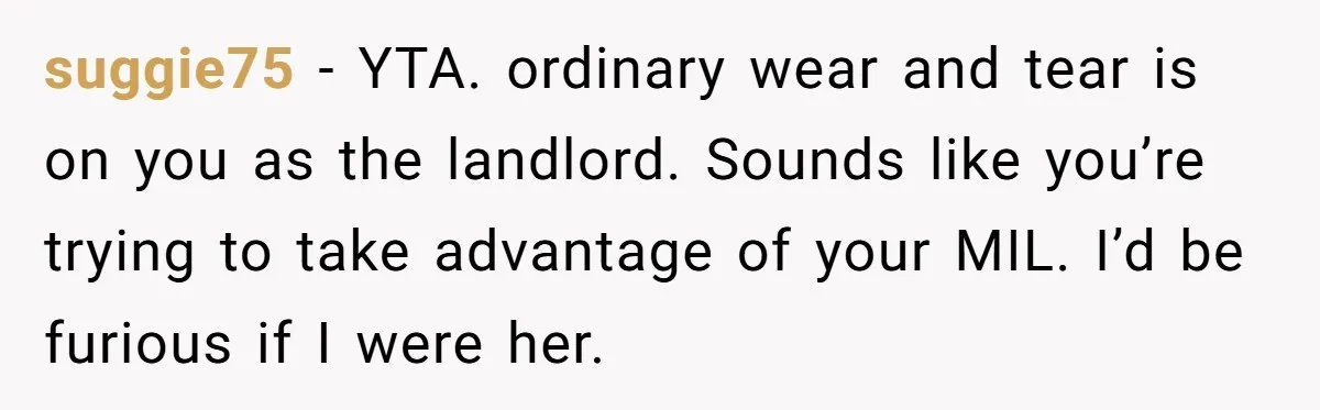 suggie75 − YTA. ordinary wear and tear is on you as the landlord. Sounds like you’re trying to take advantage of your MIL. I’d be furious if I were her.