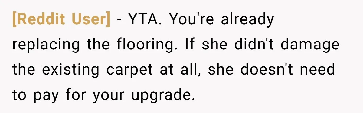 [Reddit User] − YTA. You're already replacing the flooring. If she didn't damage the existing carpet at all, she doesn't need to pay for your upgrade.