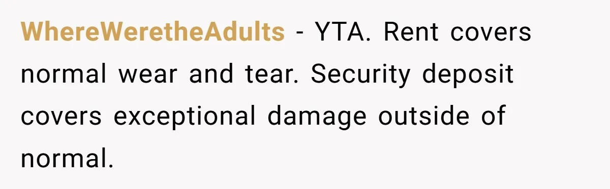 WhereWeretheAdults − YTA. Rent covers normal wear and tear. Security deposit covers exceptional damage outside of normal.