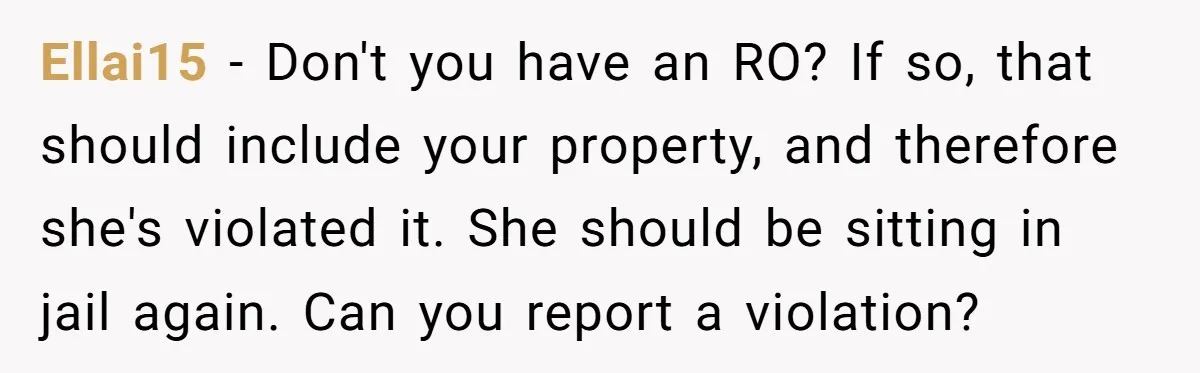 Ellai15 − Don't you have an RO? If so, that should include your property, and therefore she's violated it. She should be sitting in jail again. Can you report a...