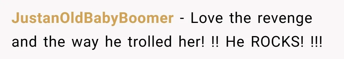 JustanOldBabyBoomer − Love the revenge and the way he trolled her! !! He ROCKS! !!!