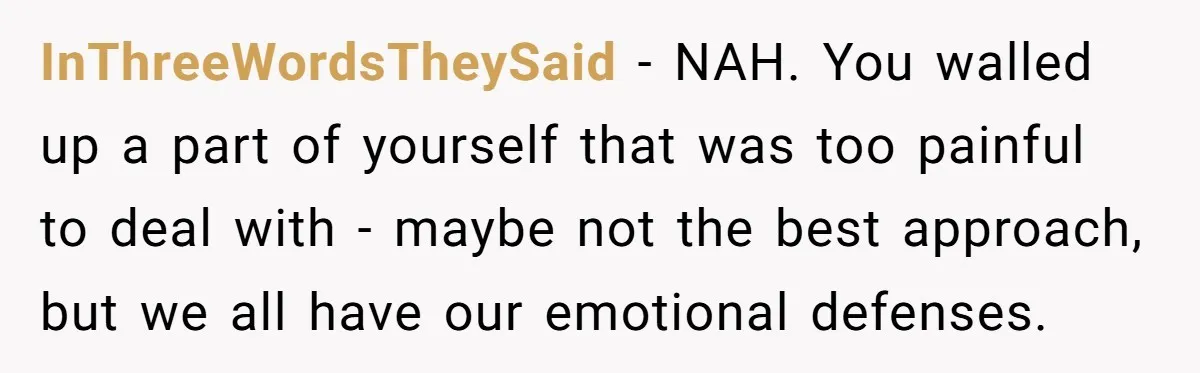 InThreeWordsTheySaid − NAH. You walled up a part of yourself that was too painful to deal with - maybe not the best approach, but we all have our emotional defenses.