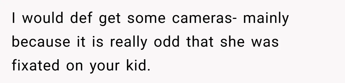 I would def get some cameras- mainly because it is really odd that she was fixated on your kid.