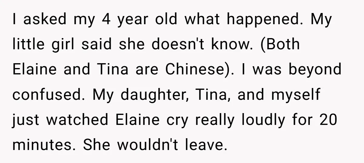 I asked my 4 year old what happened. My little girl said she doesn't know. (Both Elaine and Tina are Chinese). I was beyond confused. My daughter, Tina, and myself...