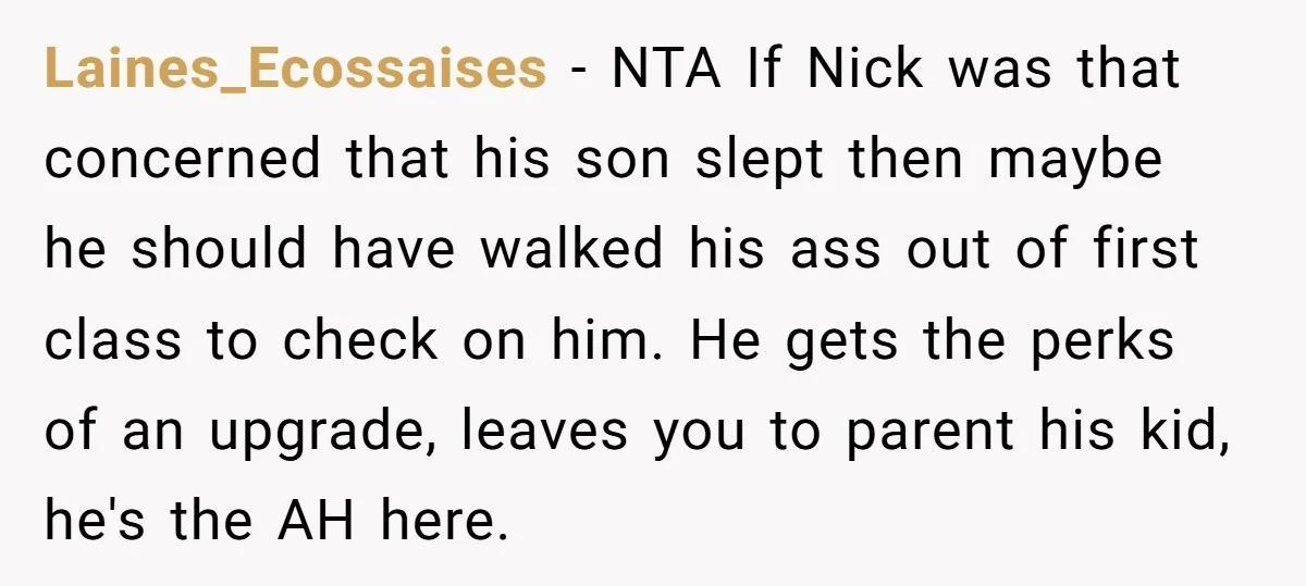 Laines_Ecossaises − NTA If Nick was that concerned that his son slept then maybe he should have walked his ass out of first class to check on him. He gets...