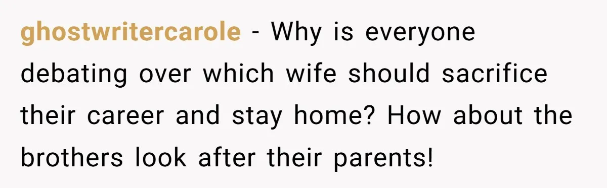 ghostwritercarole − Why is everyone debating over which wife should sacrifice their career and stay home? How about the brothers look after their parents!