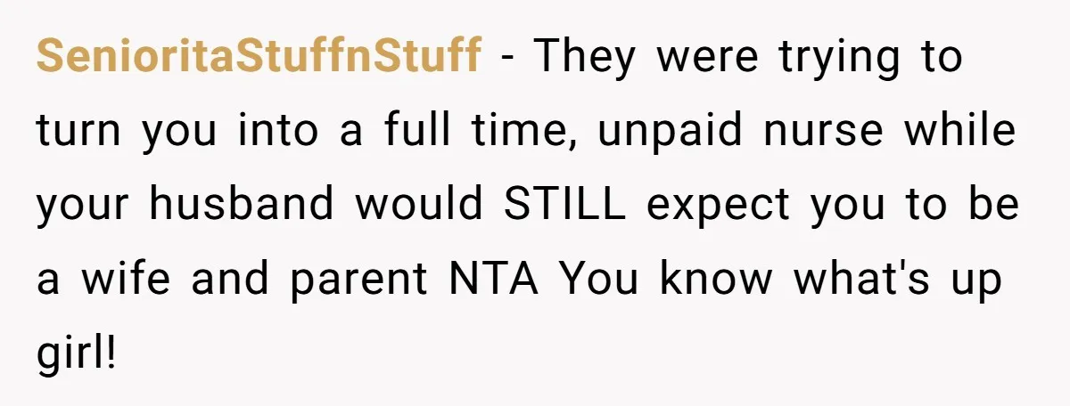 SenioritaStuffnStuff − They were trying to turn you into a full time, unpaid nurse while your husband would STILL expect you to be a wife and parent NTA You know...