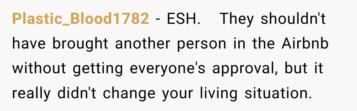 Plastic_Blood1782 − ESH. They shouldn't have brought another person in the Airbnb without getting everyone's approval, but it really didn't change your living situation.