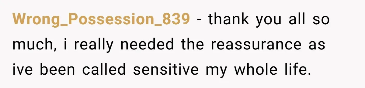 Wrong_Possession_839 − thank you all so much, i really needed the reassurance as ive been called sensitive my whole life.