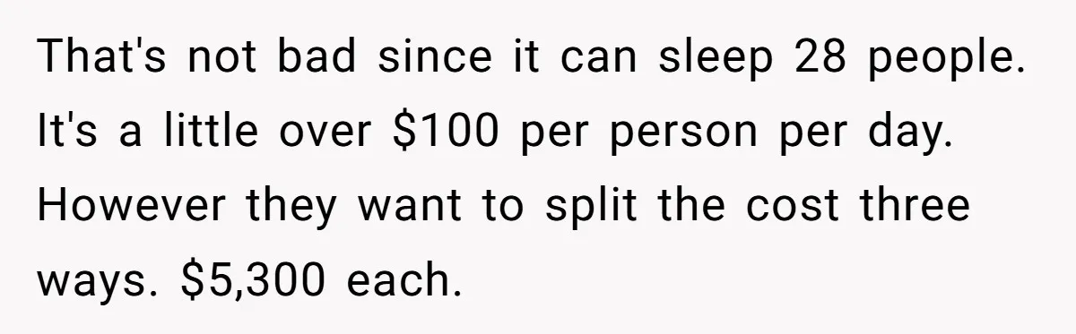 That's not bad since it can sleep 28 people. It's a little over $100 per person per day. However they want to split the cost three ways. $5,300 each.