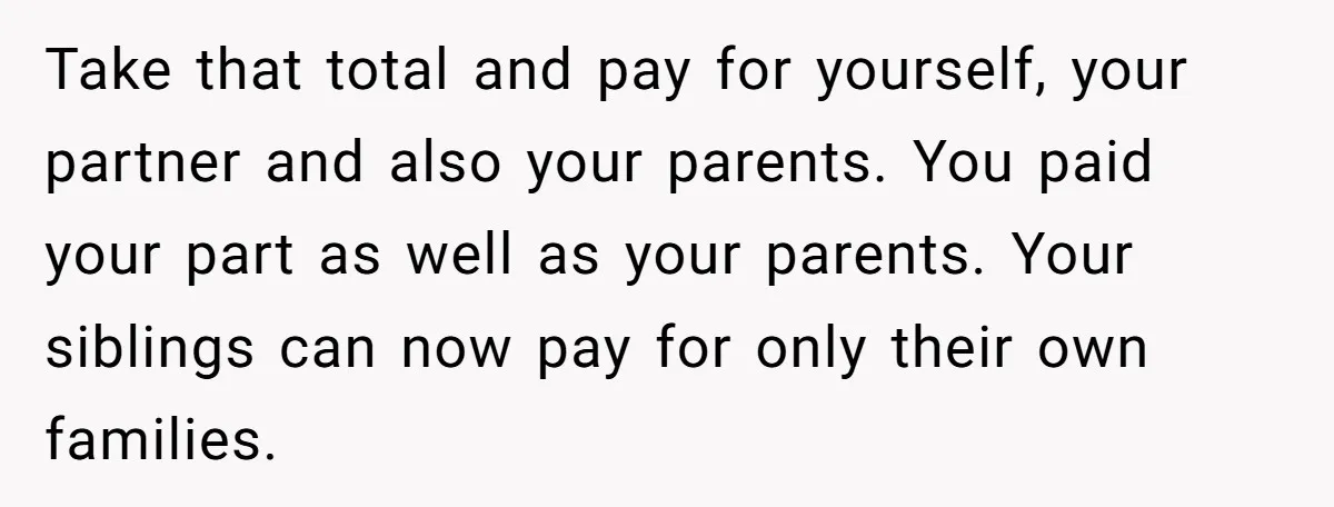 Take that total and pay for yourself, your partner and also your parents. You paid your part as well as your parents. Your siblings can now pay for only their...