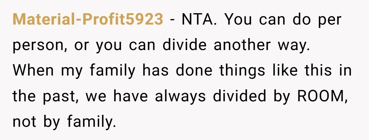 Material-Profit5923 − NTA. You can do per person, or you can divide another way. When my family has done things like this in the past, we have always divided by...