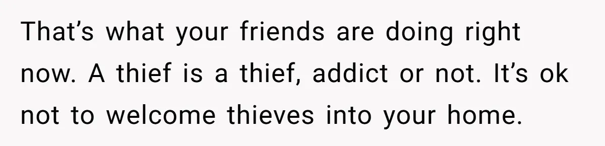 That’s what your friends are doing right now. A thief is a thief, addict or not. It’s ok not to welcome thieves into your home.