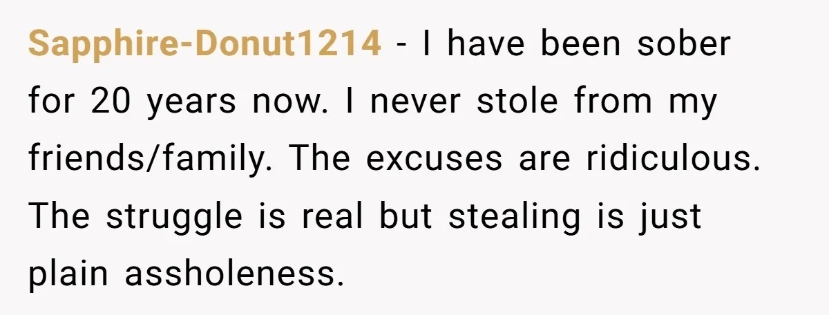 Sapphire-Donut1214 − I have been sober for 20 years now. I never stole from my friends/family. The excuses are ridiculous. The struggle is real but stealing is just plain assholeness.