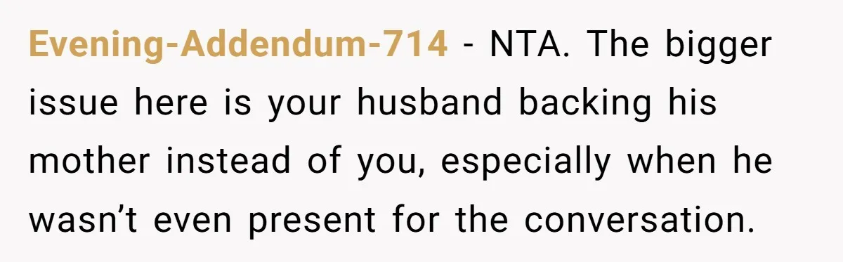 Evening-Addendum-714 - NTA. The bigger issue here is your husband backing his mother instead of you, especially when he wasn’t even present for the conversation.
