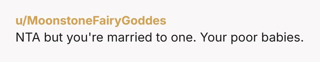 u/MoonstoneFairyGoddes
NTA but you're married to one. Your poor babies.