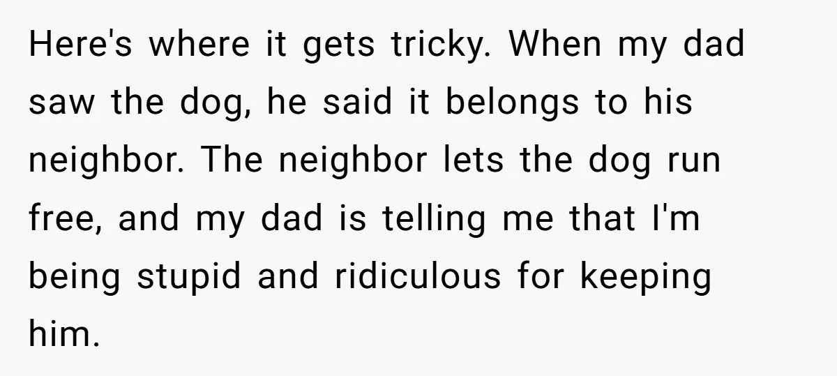 Here's where it gets tricky. When my dad saw the dog, he said it belongs to his neighbor. The neighbor lets the dog run free, and my dad is telling...