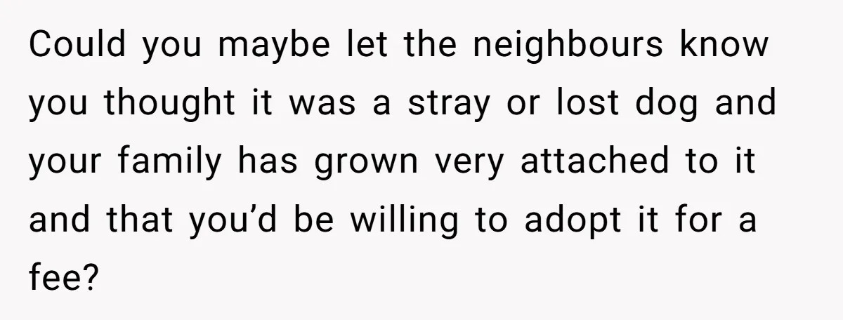 Could you maybe let the neighbours know you thought it was a stray or lost dog and your family has grown very attached to it and that you’d be willing...