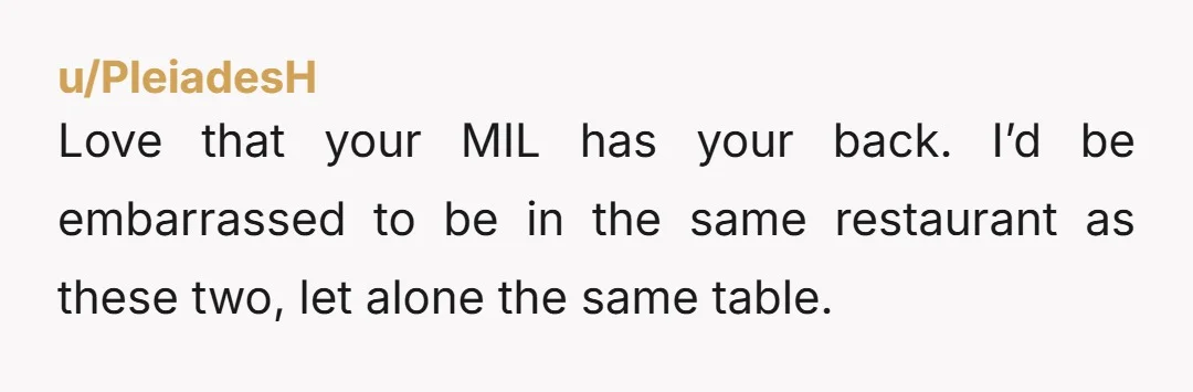 Love that your MIL has your back. I’d be embarrassed to be in the same restaurant as these two, let alone the same table.