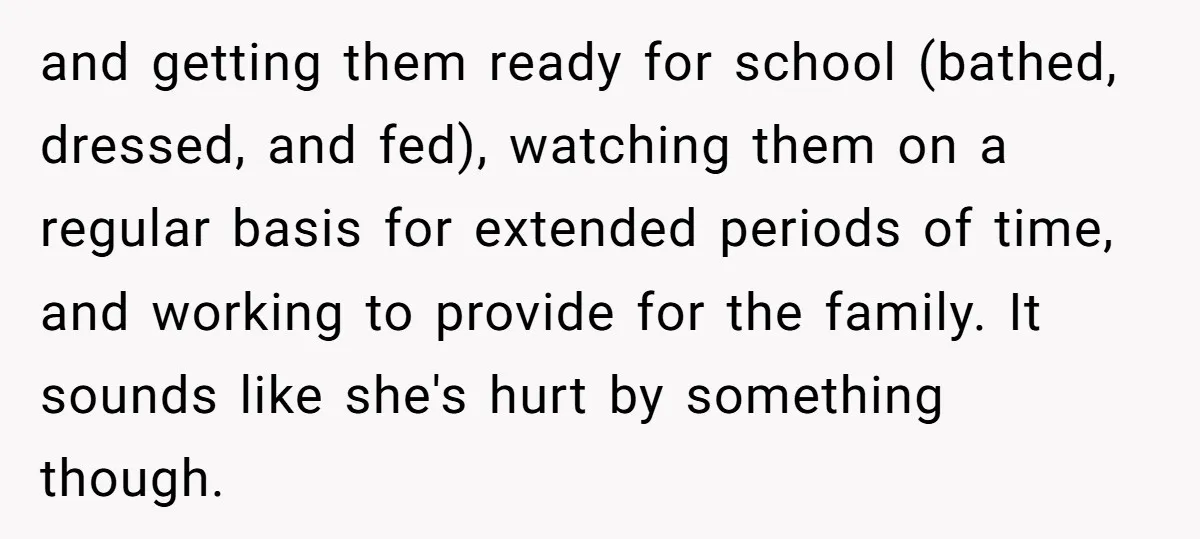 and getting them ready for school (bathed, dressed, and fed), watching them on a regular basis for extended periods of time, and working to provide for the family. It sounds...