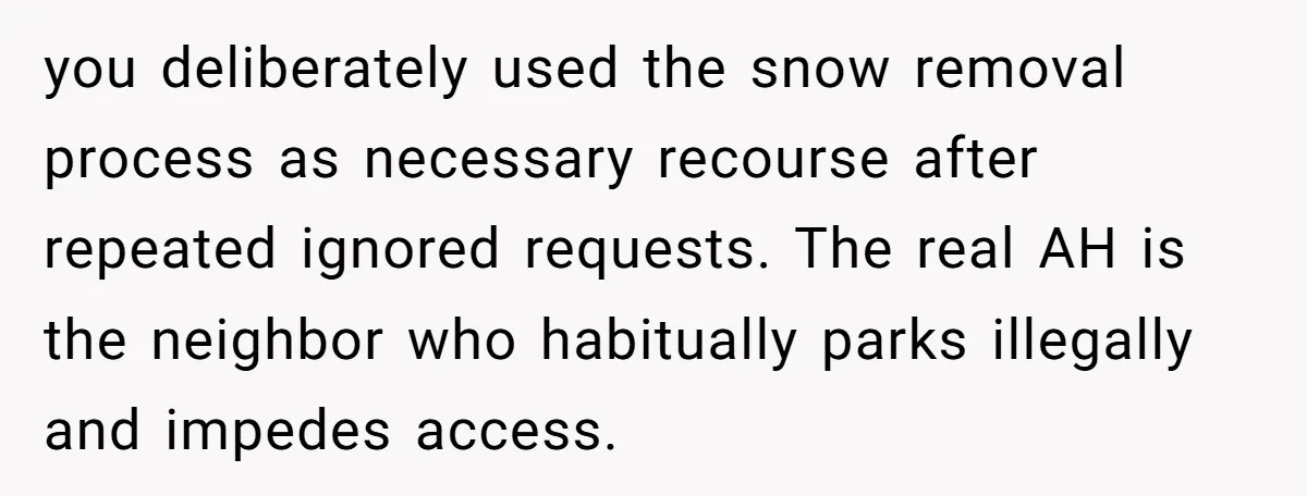 you deliberately used the snow removal process as necessary recourse after repeated ignored requests. The real AH is the neighbor who habitually parks illegally and impedes access.