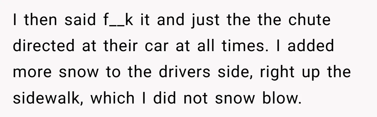 I then said f__k it and just the the chute directed at their car at all times. I added more snow to the drivers side, right up the sidewalk, which...