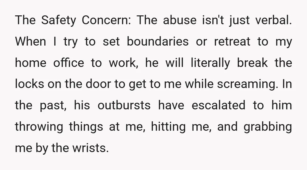 The Safety Concern: The abuse isn't just verbal. When I try to set boundaries or retreat to my home office to work, he will literally break the locks on the...