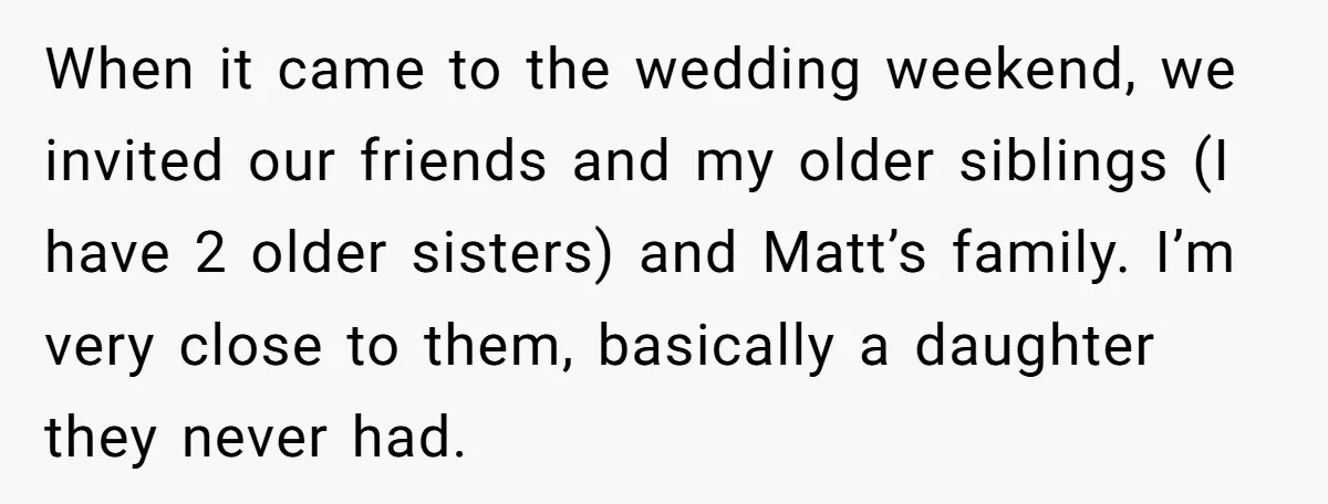 When it came to the wedding weekend, we invited our friends and my older siblings (I have 2 older sisters) and Matt’s family. I’m very close to them, basically a...