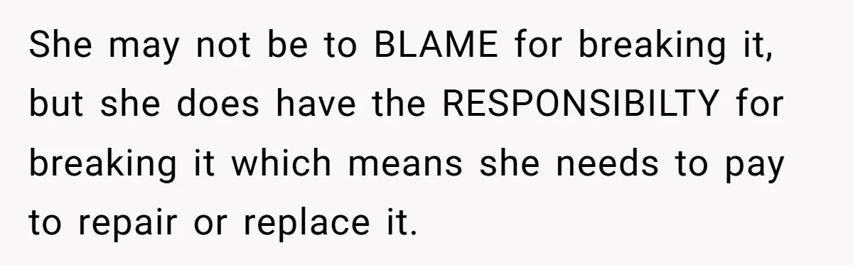 She may not be to BLAME for breaking it, but she does have the RESPONSIBILTY for breaking it which means she needs to pay to repair or replace it.