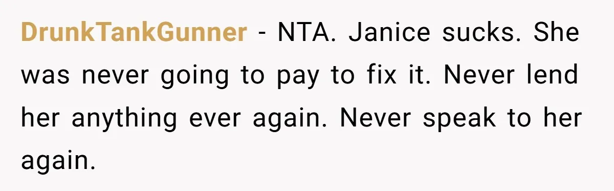 DrunkTankGunner − NTA. Janice sucks. She was never going to pay to fix it. Never lend her anything ever again. Never speak to her again.