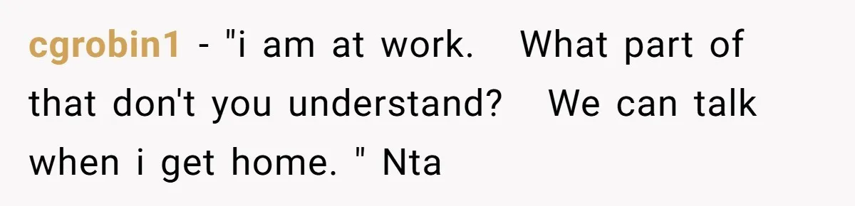 cgrobin1 − "i am at work. What part of that don't you understand? We can talk when i get home. " Nta