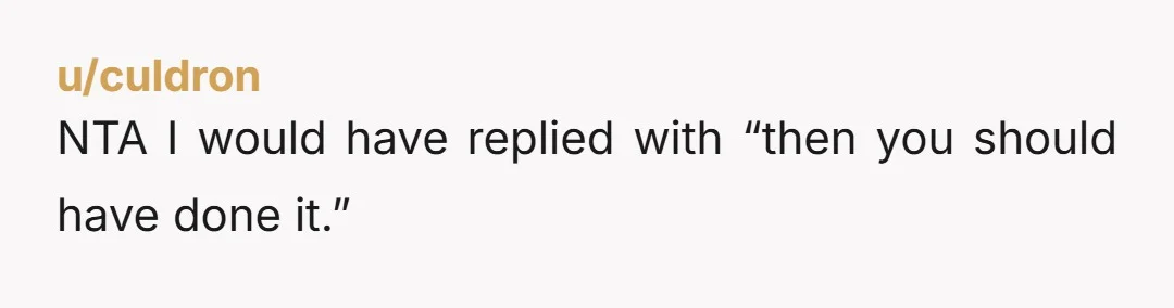 u/culdron NTA I would have replied with “then you should have done it.”