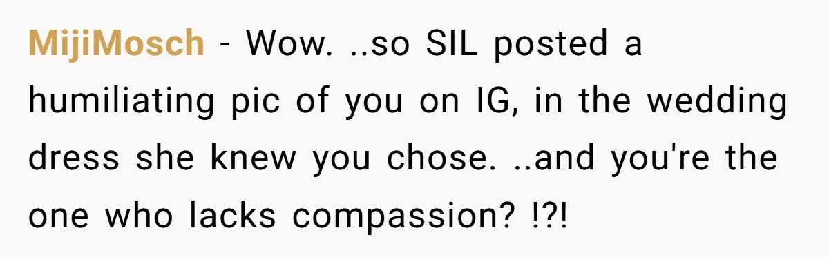 MijiMosch − Wow. ..so SIL posted a humiliating pic of you on IG, in the wedding dress she knew you chose. ..and you're the one who lacks compassion? !?!