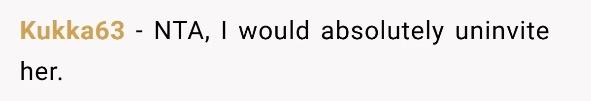 Kukka63 − NTA, I would absolutely uninvite her.