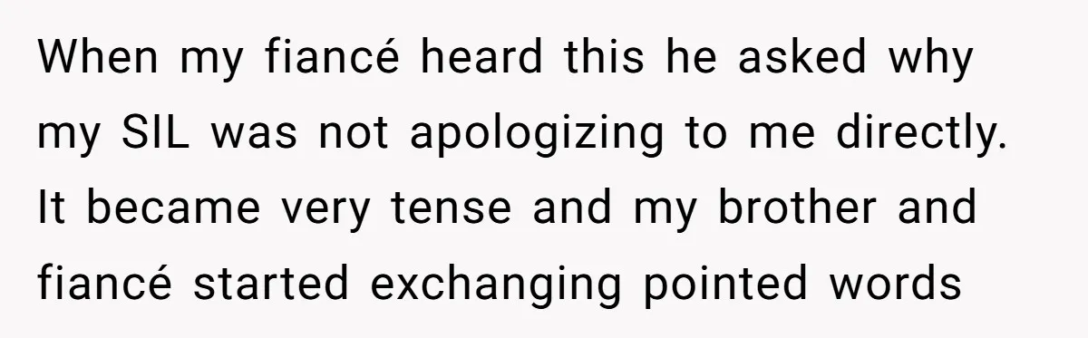 When my fiancé heard this he asked why my SIL was not apologizing to me directly. It became very tense and my brother and fiancé started exchanging pointed words