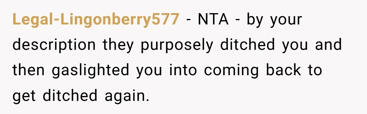 Legal-Lingonberry577 − NTA - by your description they purposely ditched you and then gaslighted you into coming back to get ditched again.