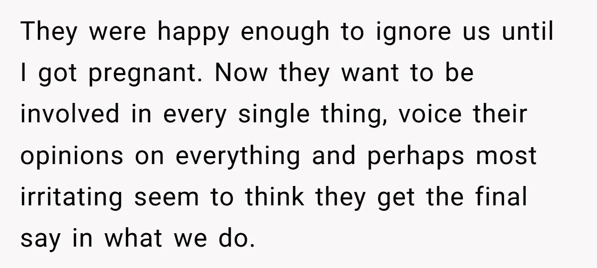 They were happy enough to ignore us until I got pregnant. Now they want to be involved in every single thing, voice their opinions on everything and perhaps most irritating...