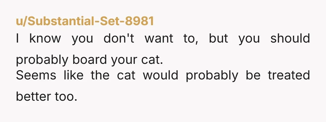 u/Substantial-Set-8981
I know you don't want to, but you should probably board your cat.
Seems like the cat would probably be treated better too.
