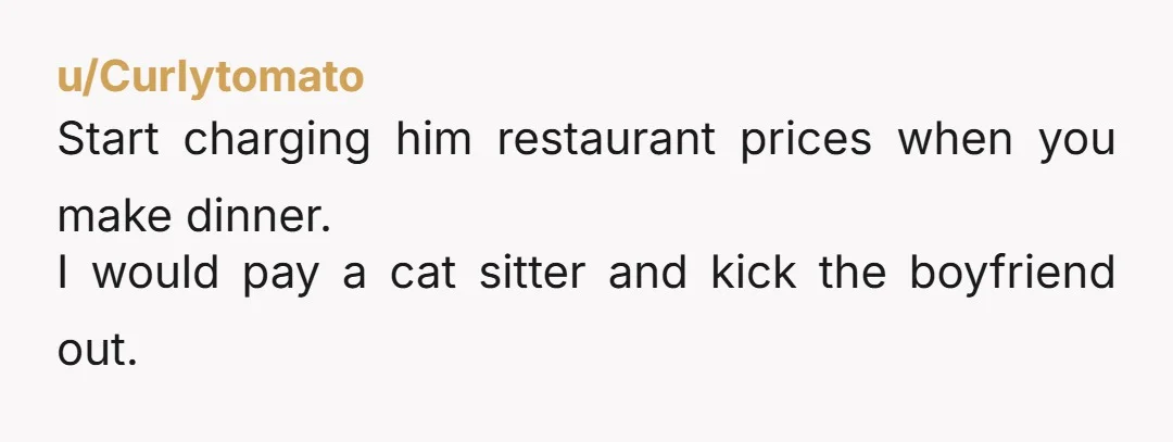u/Curlytomato
Start charging him restaurant prices when you make dinner.
I would pay a cat sitter and kick the boyfriend out.