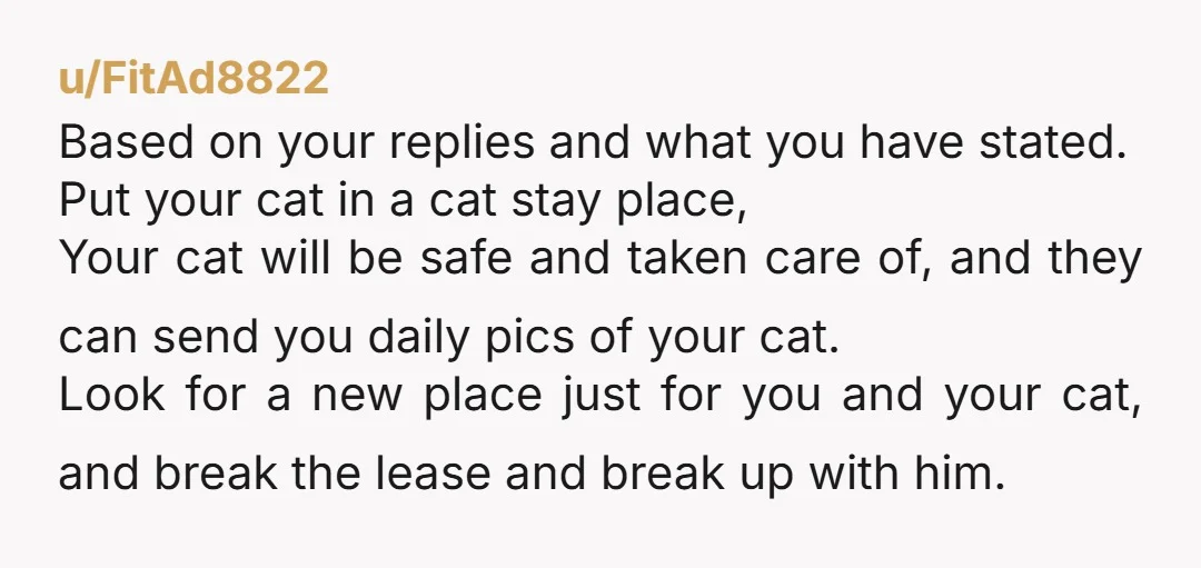 u/FitAd8822 Based on your replies and what you have stated. Put your cat in a cat stay place, Your cat will be safe and taken care of, and they can...