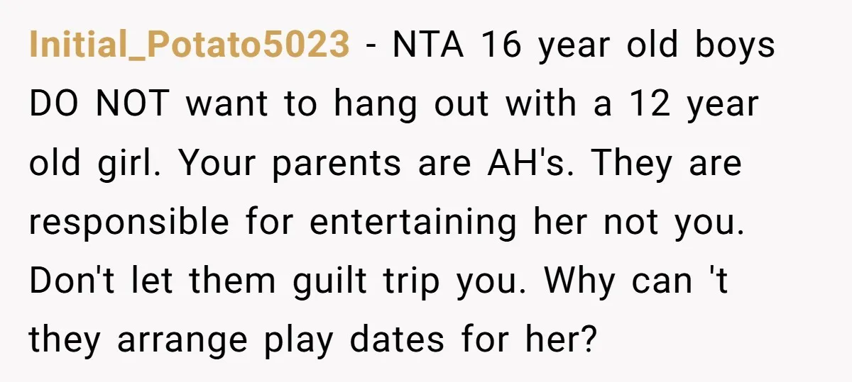 Initial_Potato5023 − NTA 16 year old boys DO NOT want to hang out with a 12 year old girl. Your parents are AH's. They are responsible for entertaining her not...