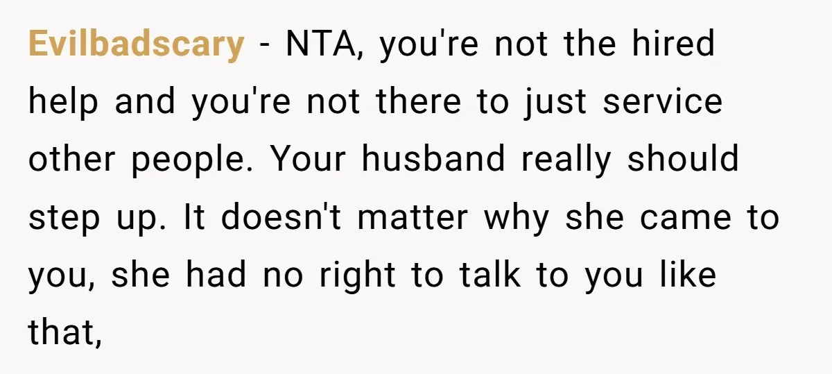 Evilbadscary − NTA, you're not the hired help and you're not there to just service other people. Your husband really should step up. It doesn't matter why she came to...