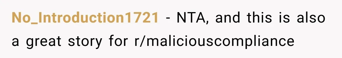 No_Introduction1721 - NTA, and this is also a great story for r/maliciouscompliance